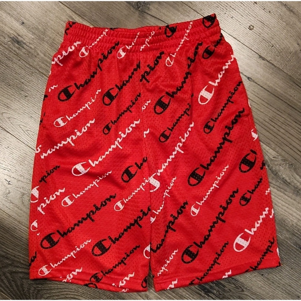 Champion Shorts Boys Size XL Red Black All Over Print Spell Out Activewear
